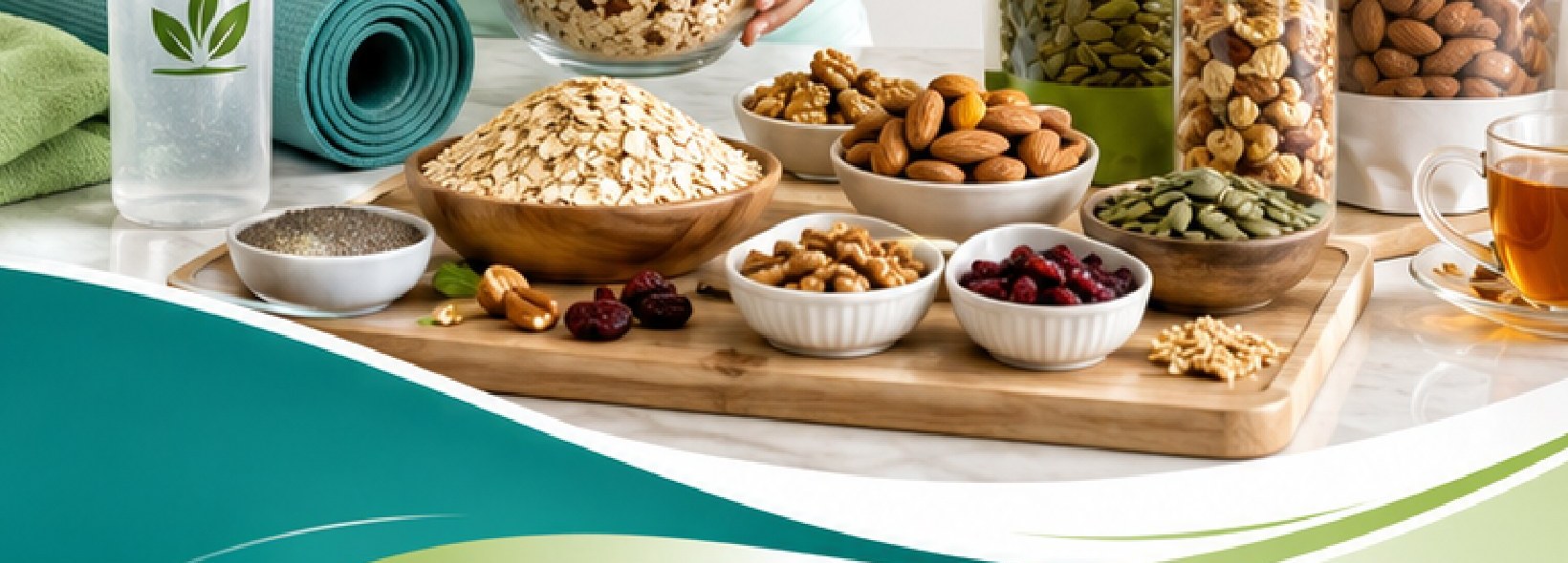 A spread of nuts, seeds, dried fruits and oats